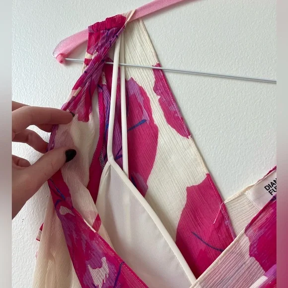 Diane Von Furstenberg Dita Silk Crepon Dress -Pink & White Kimono Leaf Size S - Picture 7 of 9